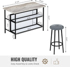 Lamerge 3 Piece Bar Table and Chairs Set, Industrial Bar Table Set with Storage Shelves,Marble Counter Height Island with 2 Bar Stools,Modern Pub Island for Kitchen,Grey