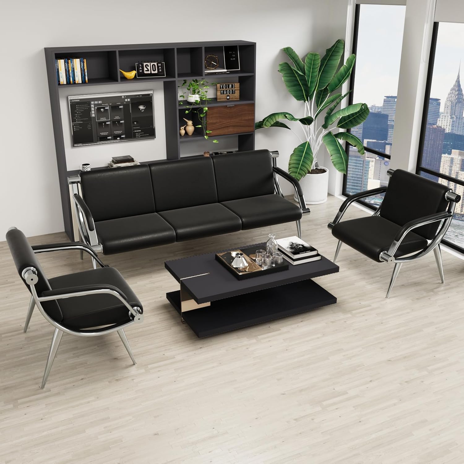wonline 5 Seat Waiting Room Chair with Armrest PU Leather Office Furniture, Office Guest Seating Lobby Conference Reception Chairs for Airport Clinic Hospital Bank Salon Barber(Black)