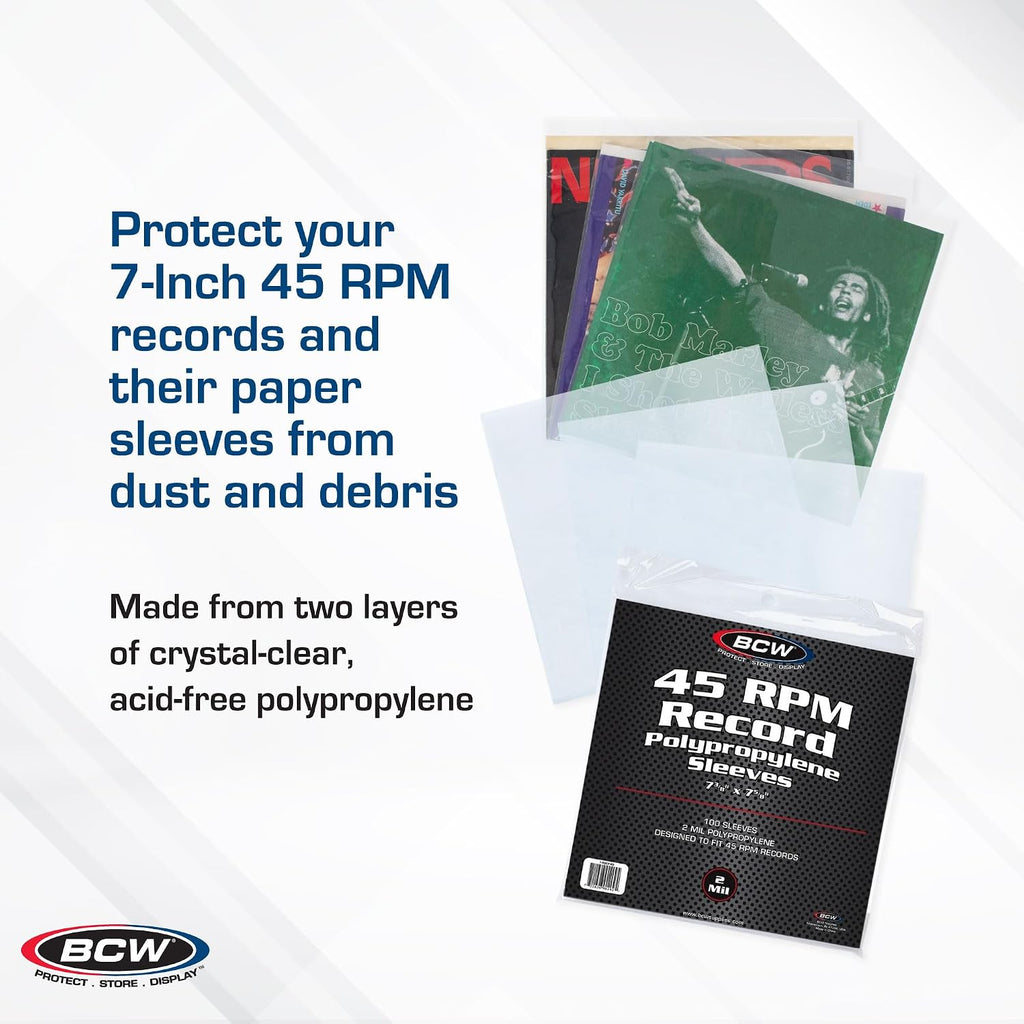BCW 45 RPM Record Sleeves - 200 Count | Fits Standard 7 Inch Single 45s | Snug-Fit 2 Mil Polypropylene Outer Sleeves | Archival Plastic Covers for Vinyl Record Storage and Protection