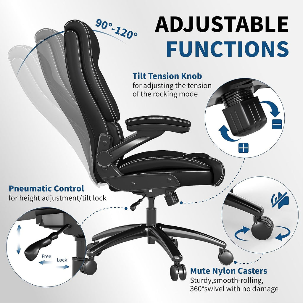 Ergonomic Big and Tall Office Chair, 500LBS PU Leather Executive Desk Chair with Lumbar Support and Flip-up Armrests, High Back, for Home and Office, Black