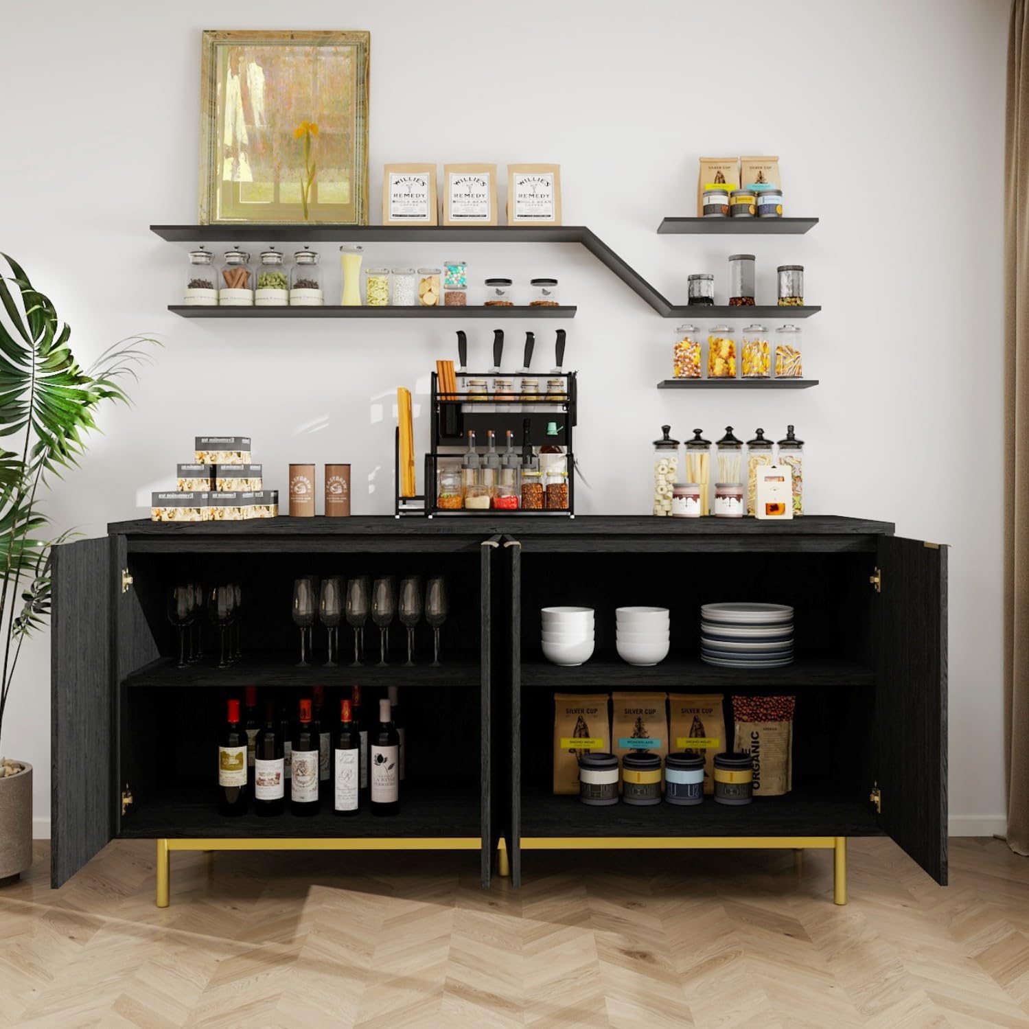 MUUEGM Buffet Cabinet with Storage, 58" Fluted Sideboard Kitchen Storage Cabinets with Shelves and 4 Doors, Modern Wood buffets & Sideboards for Dinging Room, Living Room, Black Storage Cabinet