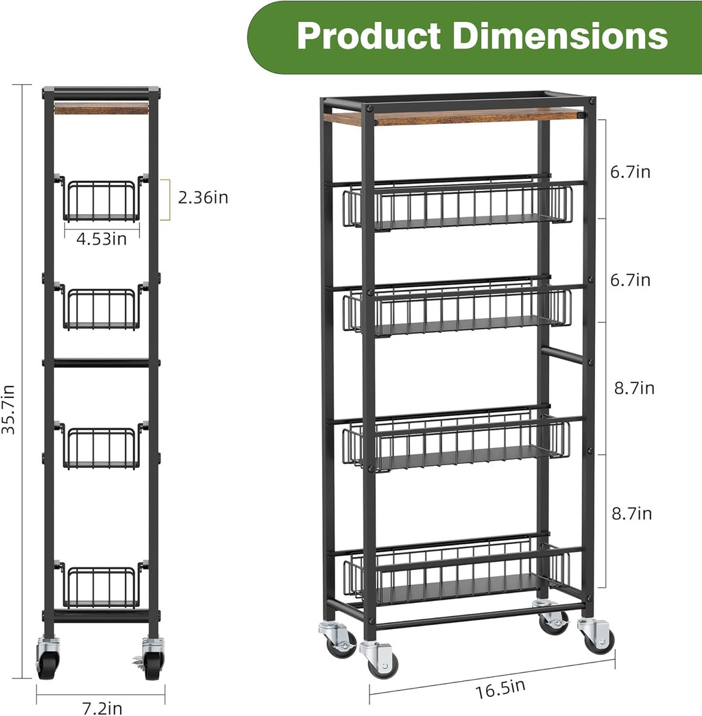 5-Tier Slim Rolling Cart Kitchen Utility Cart, Narrow Kitchen Cabinet with 4 Pull-Out Baskets - Versatile Rolling Storage Cart for Spices, Pantry & Bathroom Organization