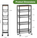 5-Tier Slim Rolling Cart Kitchen Utility Cart, Narrow Kitchen Cabinet with 4 Pull-Out Baskets - Versatile Rolling Storage Cart for Spices, Pantry & Bathroom Organization