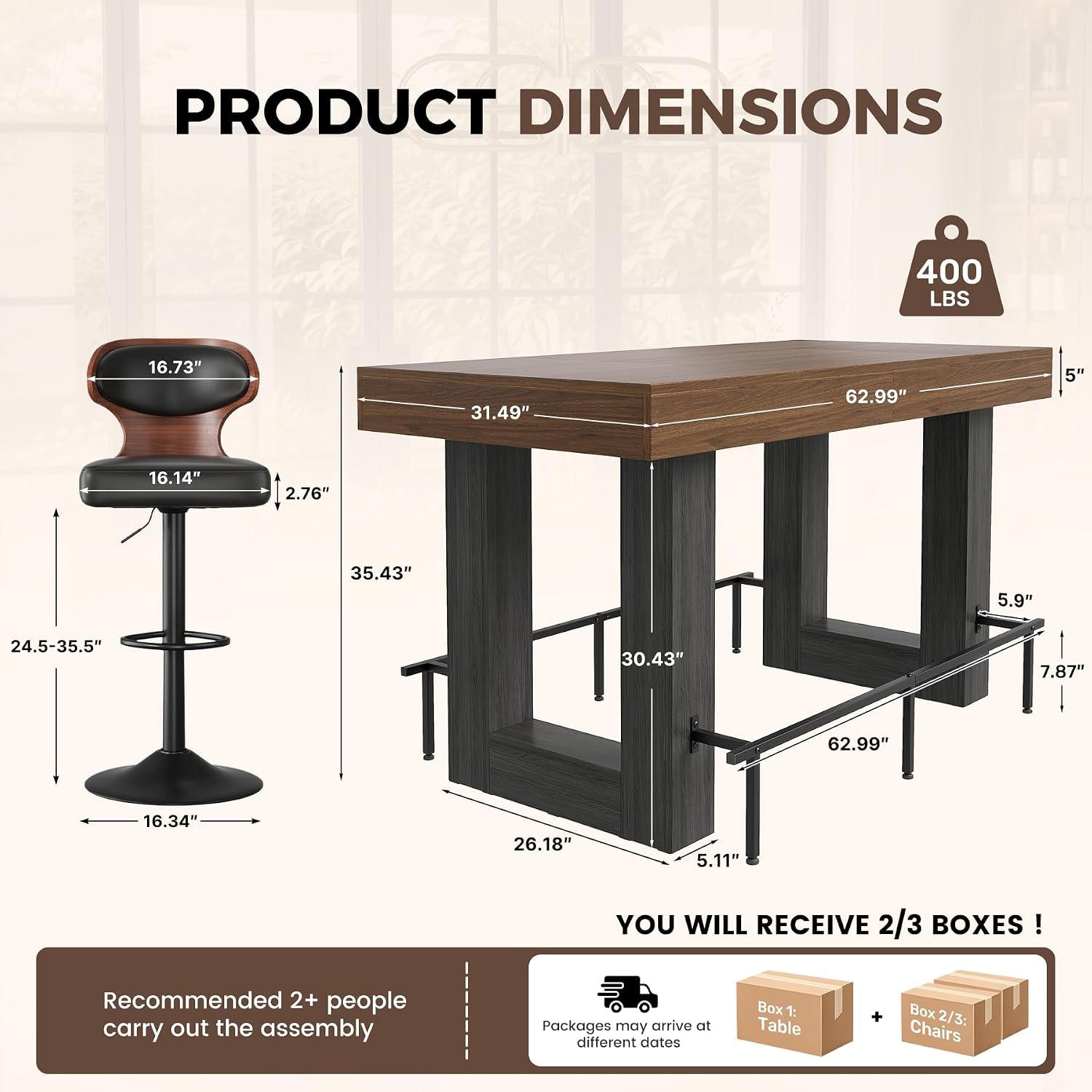 Miereirl 5-Piece Bar Table Set, 63" Counter Height Dining Table with 4 Swivel Barstools, Industrial Wooden Kitchen Island Table Set with Footrest and Backrest for Dining Room, Home Bar