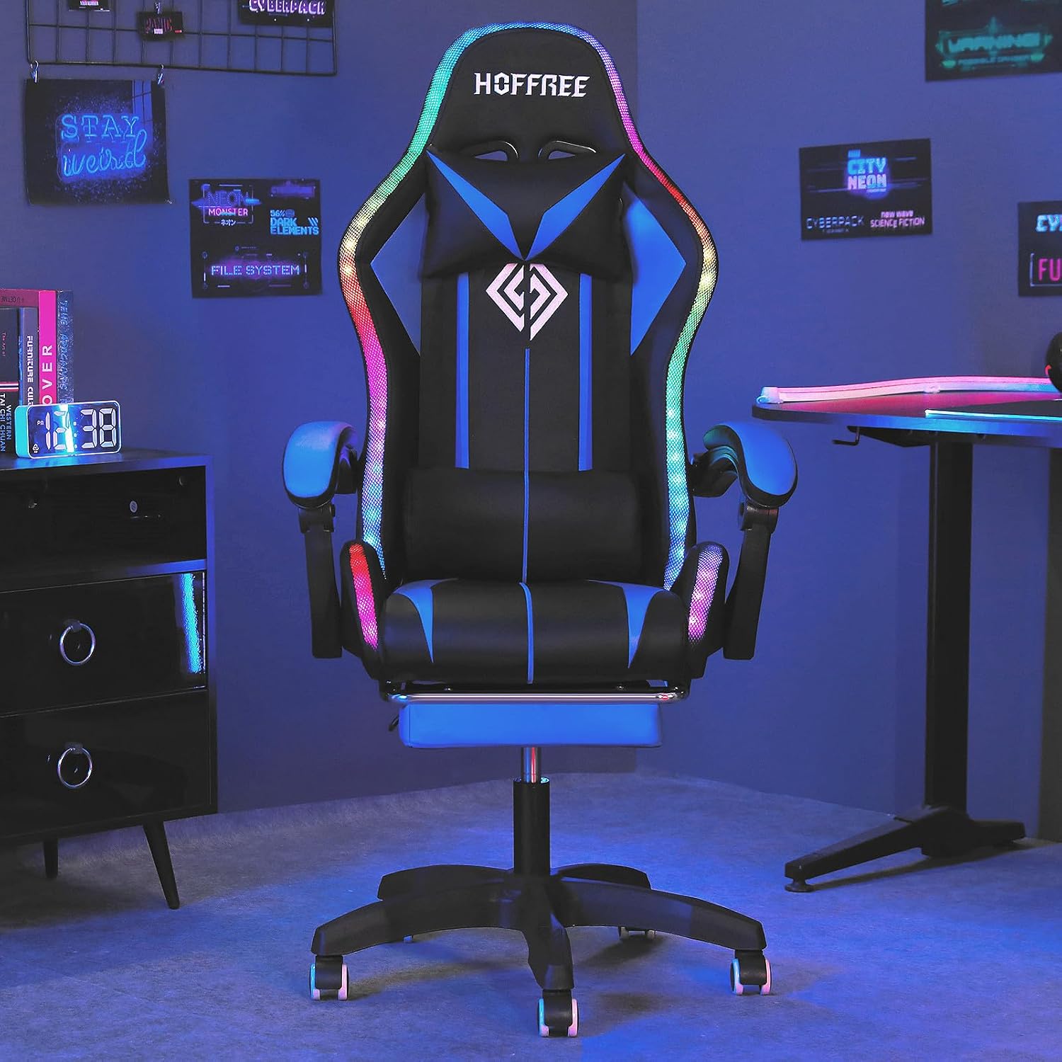 HOFFREE RGB Gaming Chair with Speakers Massage Computer Gaming Chair with LED Lights and Footrest High Back Video Game Chair for Adults Blue and Black