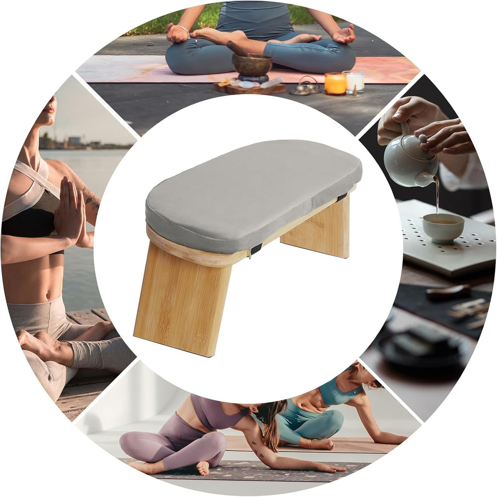 Foldable Wooden Kneeling Meditation Bench for Home, Yoga and Prayer, Portable Gray Meditation Stool for Adults, Comfortable Indoor Seating