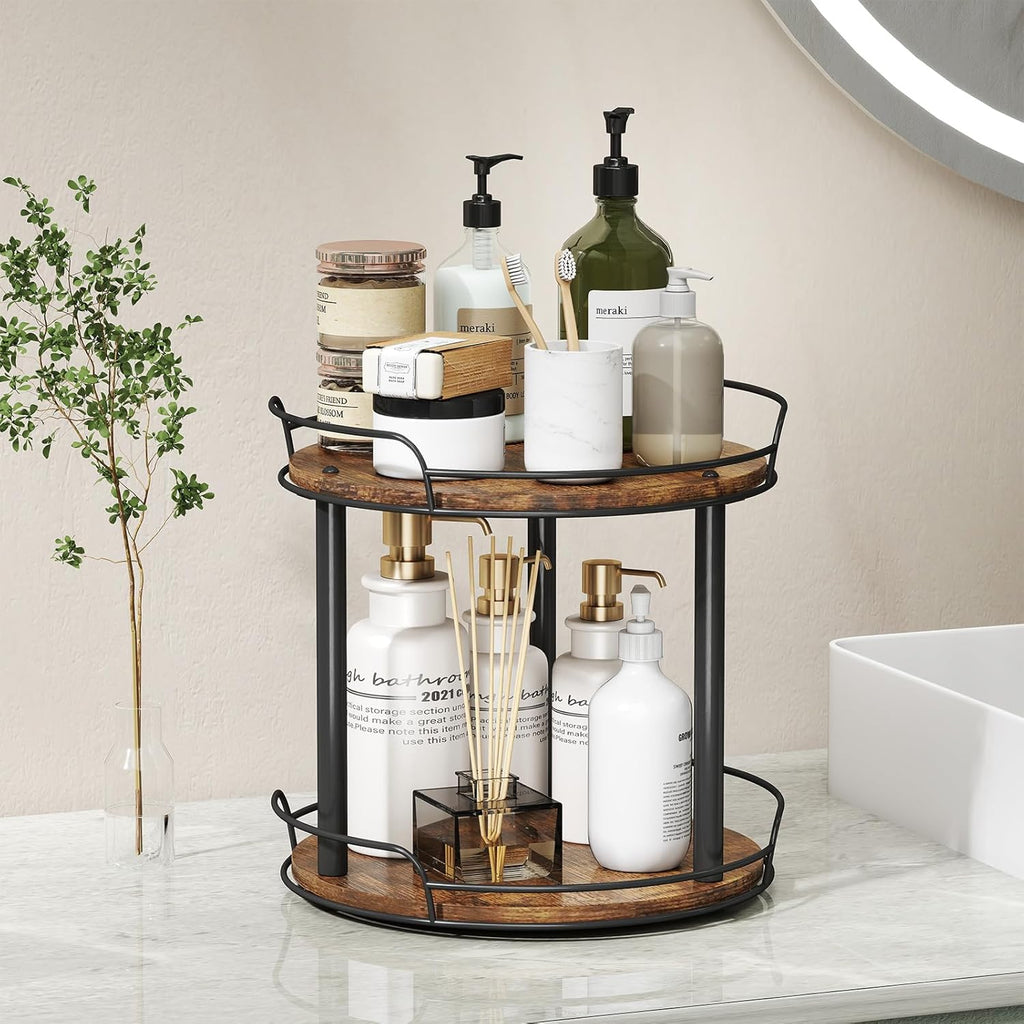 LAMU 9'' Wood Lazy Susan Turntable Organizer for Cabinet, 2 Tier Lazy Susan Spice Rack Organizer for Kitchen, Table Top, Countertop, Pantry, Medicine Organizer