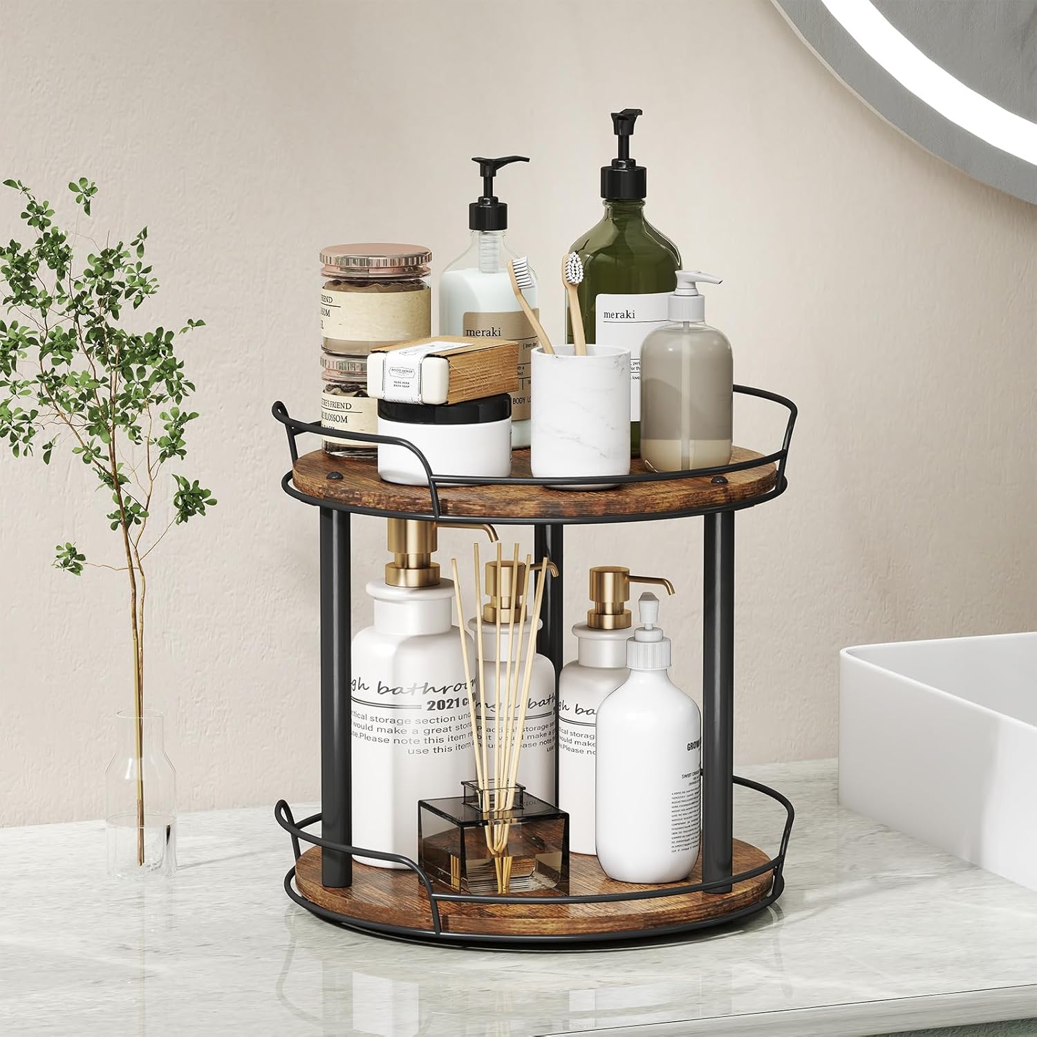 LAMU 9'' Wood Lazy Susan Turntable Organizer for Cabinet, 2 Tier Lazy Susan Spice Rack Organizer for Kitchen, Table Top, Countertop, Pantry, Medicine Organizer