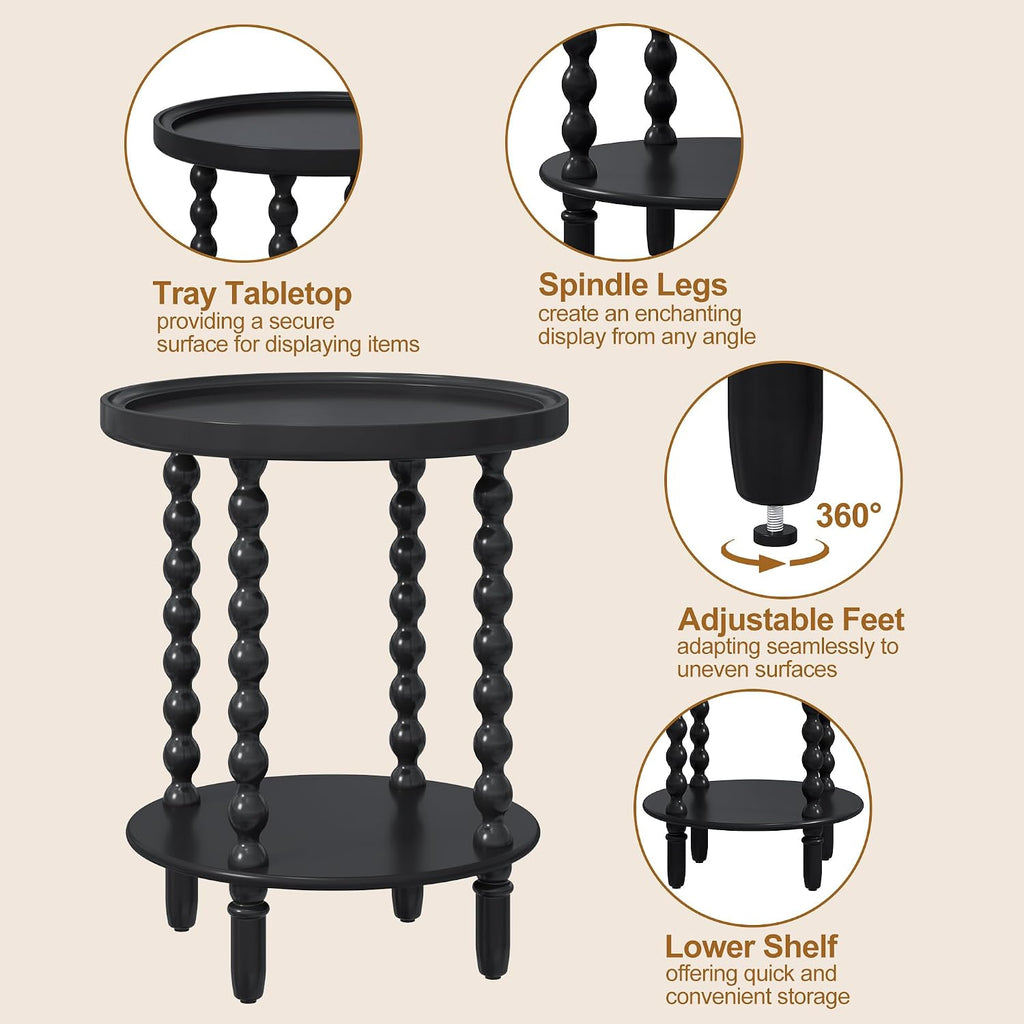 Round Side Table with Storage Shelf, 2 Tier Accent End Table with Spindle Legs, Modern Nightstand Beside Table for Living Room, Bedroom, Office, Black