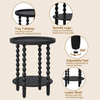 Round Side Table with Storage Shelf, 2 Tier Accent End Table with Spindle Legs, Modern Nightstand Beside Table for Living Room, Bedroom, Office, Black