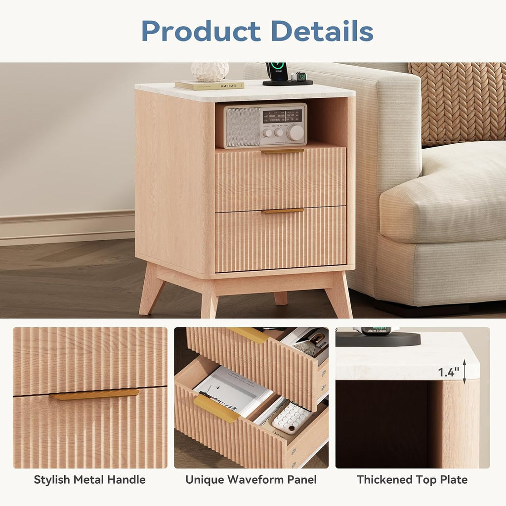 DUMOS Nightstand with Built-in Charging Station Set of 2, 18" Bedside Table with Faux Marble Top, Fluted Solid Wood End Table with 2 Drawers, Modern Compact Night Stand for Bedroom, Natural Oak