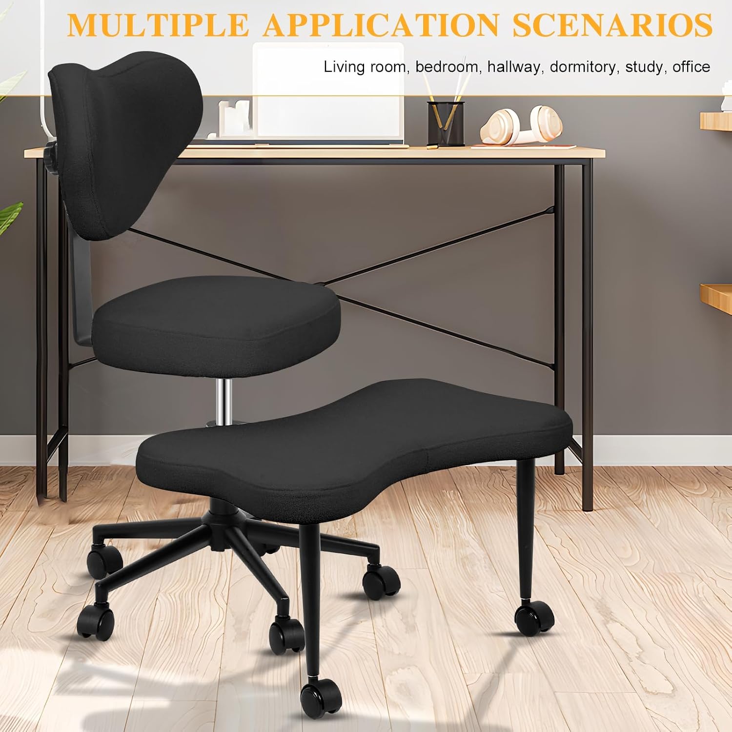 Ergonomic Cross Legged Office Chair, 360° Swivel Criss Cross Desk Chair with Footstool, Height Adjustable Meditation Chair with Backrest, Multi-Position Kneeling Chairs for Home Office, Yoga Black