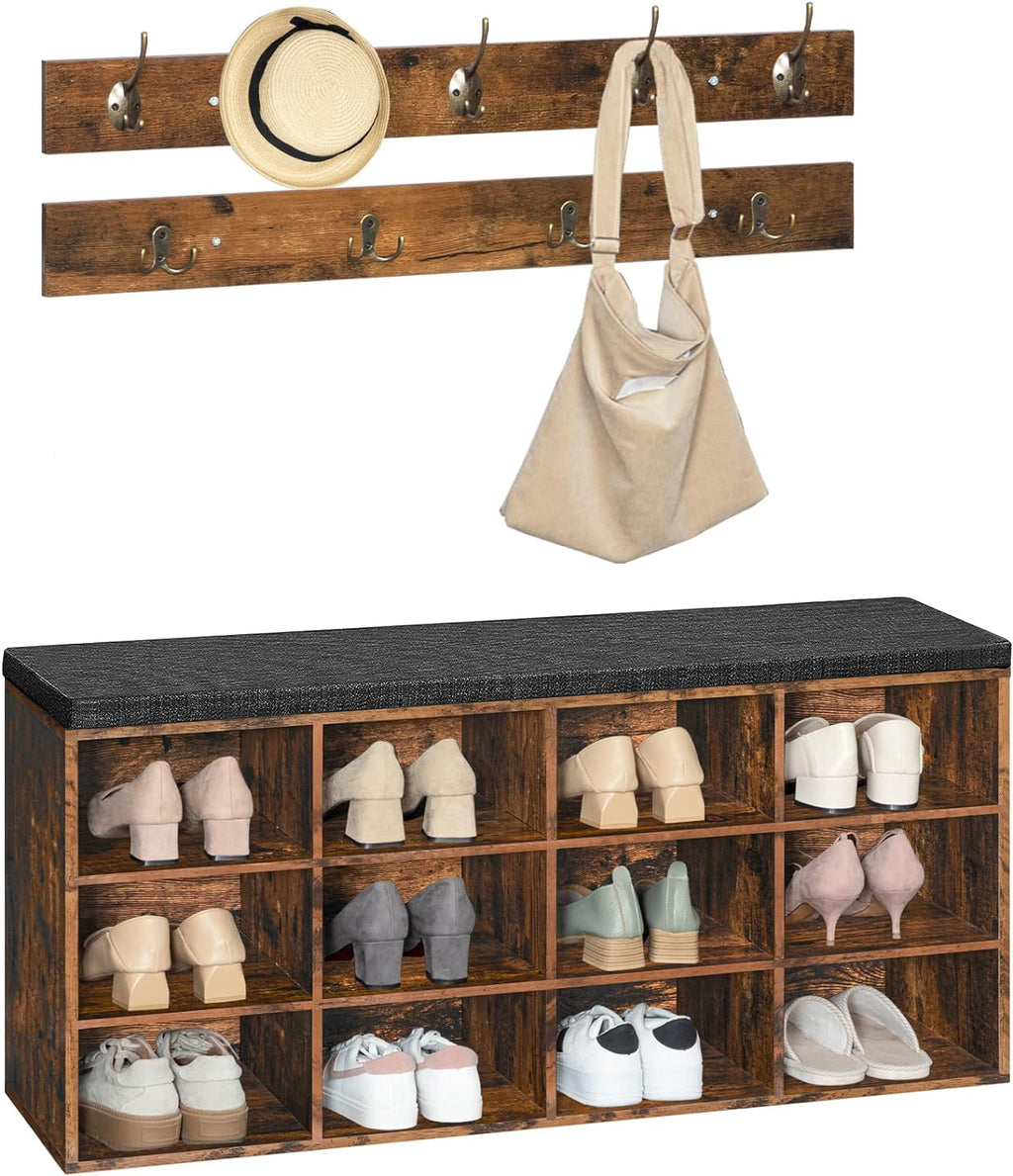 HOOBRO Shoe Storage Bench with Cushion, 39.4" L Entryway Bench with 12 Cubbies, Entryway Hall Tree with Storage, Shoe Cabinet with Coat Rack for Bedroom, Hallway, Holds up to 330 lb, BF112HX01G1
