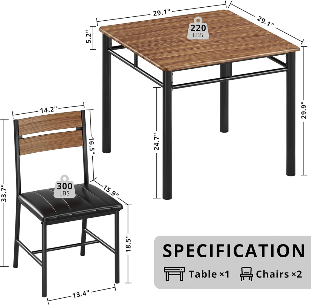IRONCK Dining Table Set for 2, Small Kitchen Table with Upholstered Chairs for Kitchen & Dining Room, Compact Dining Set for Small Spaces, Walnut