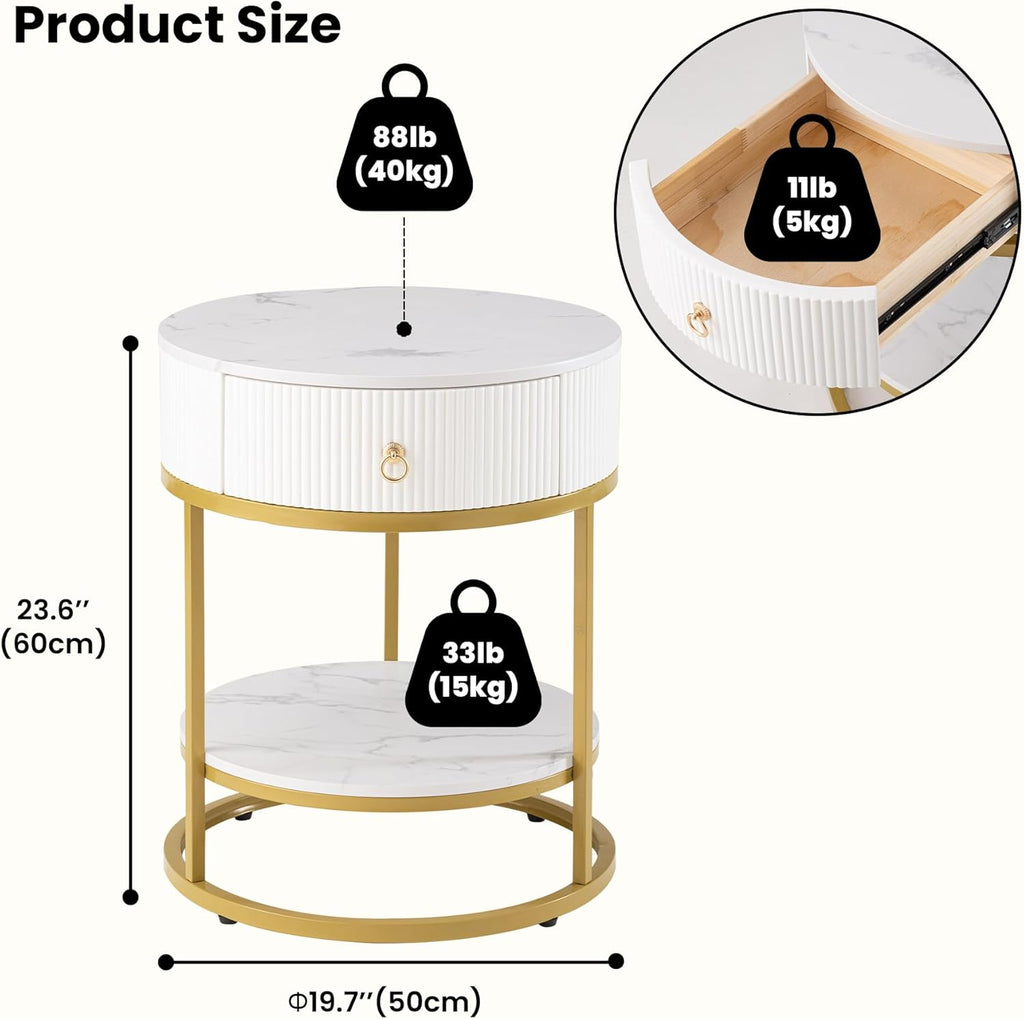COSIEST Round Side Table with Drawer, Modern Tall Nightstand with Faux Marble Tabletop, 2-Tier Small Round End Table, Wood Bedside Table for Living Room, Bedroom, Dorm, Small Spaces, White and Gold