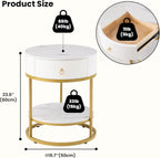 COSIEST Round Side Table with Drawer, Modern Tall Nightstand with Faux Marble Tabletop, 2-Tier Small Round End Table, Wood Bedside Table for Living Room, Bedroom, Dorm, Small Spaces, White and Gold