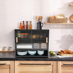 3 Tier Kitchen Pantry Storage Cabinet with with 2 Sliding Striped Glass Doors Console Dining Cupboard Modern Freestanding Bamboo Sideboard for Dining Room Kitchen Black (21.6x11x18.1inch)