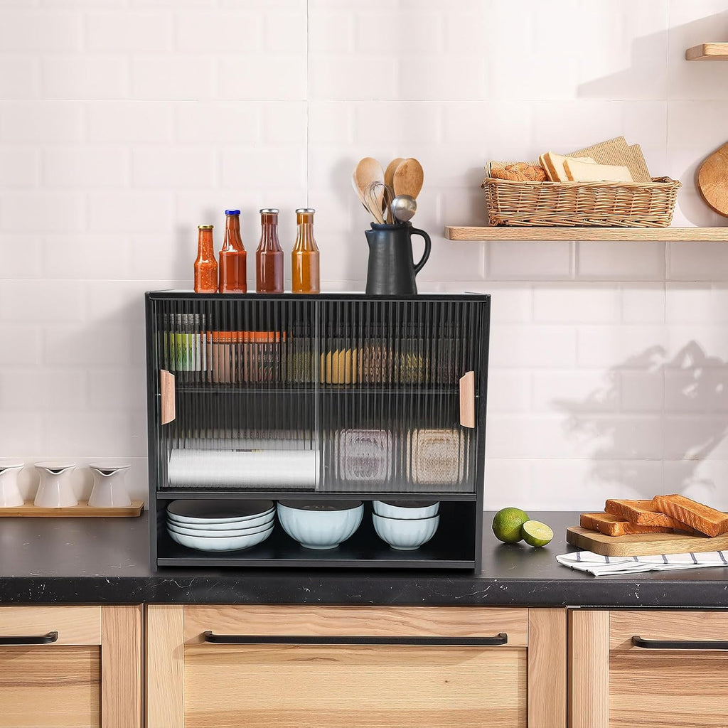 Countertop Storage Cabinet with 2 Sliding Striped Glass Doors, Freestanding Kitchen Bamboo Pantry Sideboard with Adjustable Shelf, Black Utility Cupboard for Home Bar, Coffee Bar