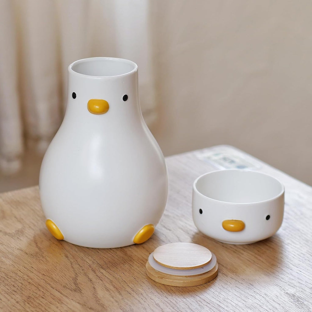 PURROOM Cute Duck 8" Vase, 58 oz Storage Canisters Jar with Wooden Lid for Kitchen Counter Decor, White Ceramic Modern Flower Vase for Home Office Shelf Decoration.
