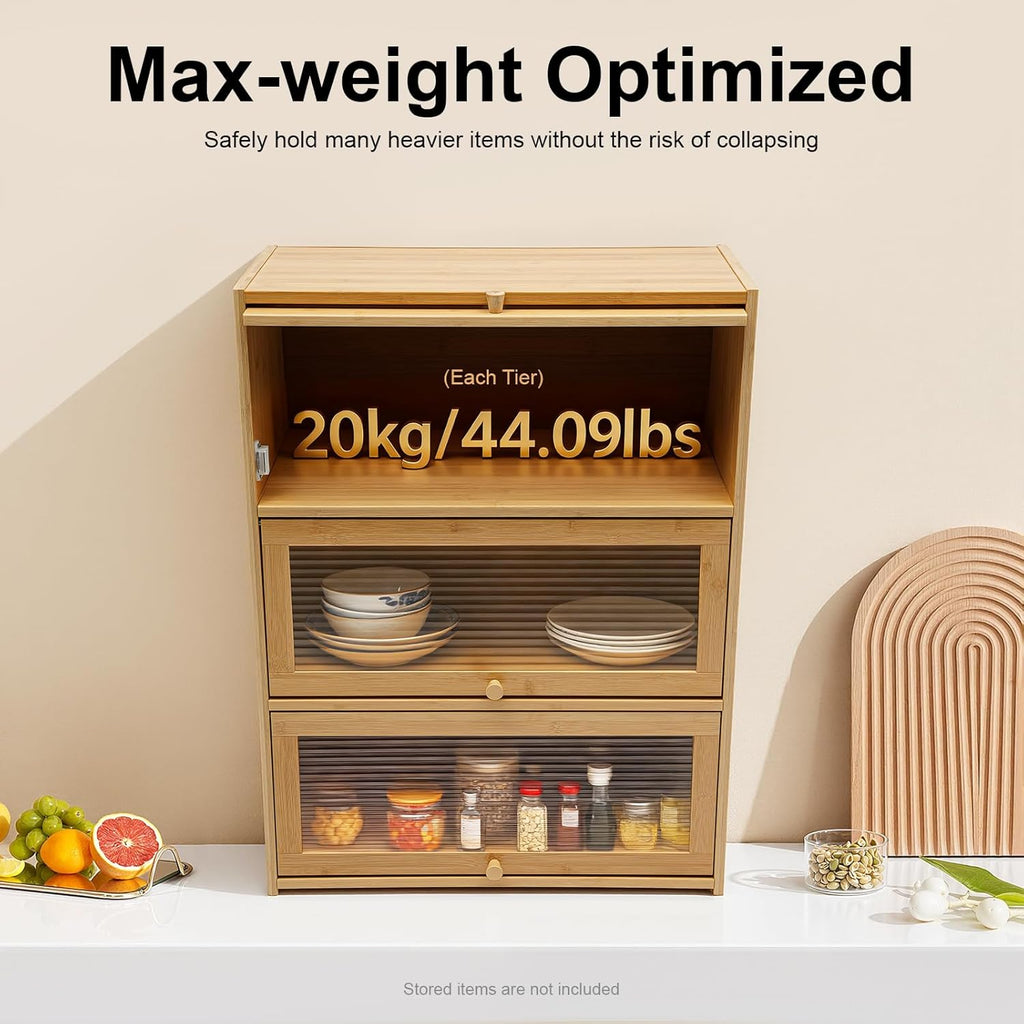 Kitchen Pantry Sideboard Small Bamboo Cabinet with 3 Clear Acrylic Doors Freestanding Countertop Storage for Dishes Bottles Spices