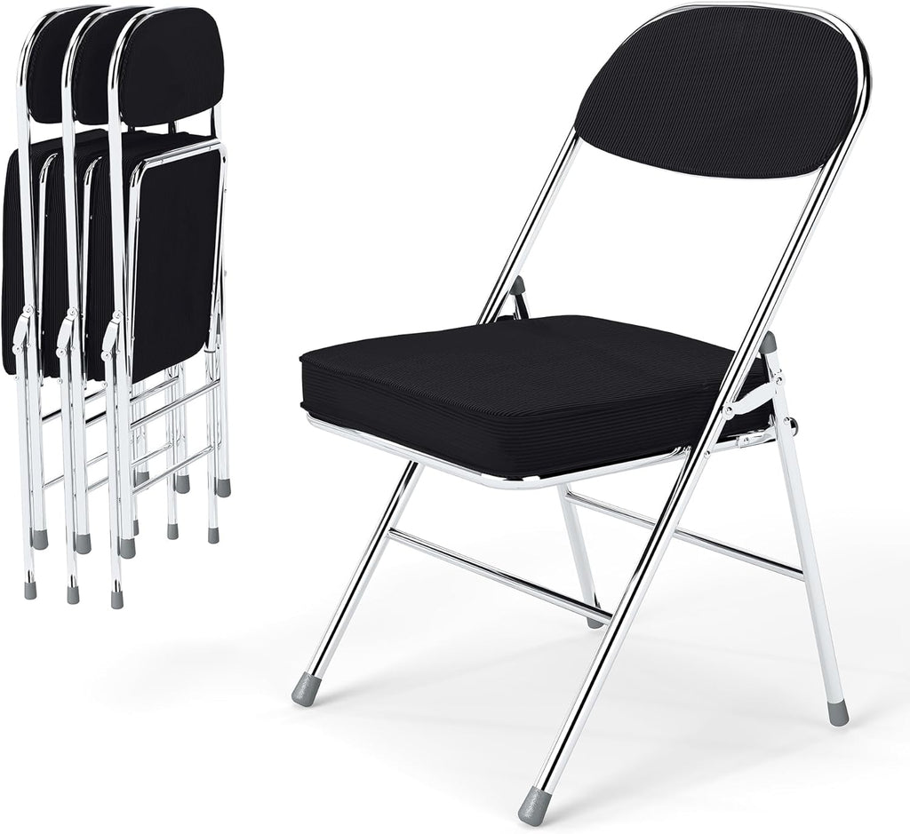 Real Relax Folding Chairs with Padded Thick Seat, Durable Corduroy Fabric, Portable Stackable Commercial Folding Office Chair with Steel Frame for Events Office Wedding Party,650LB,4 Pack,Black