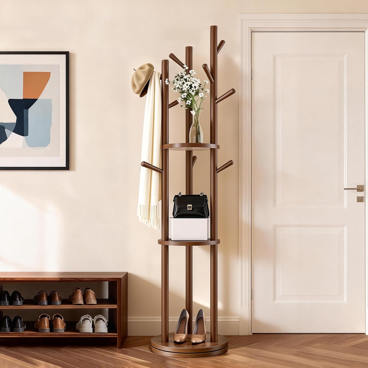 Solid Wood Rotary Coat Rack, Coat Rack Freestanding with 3 Storage Shelves & 9 hooks, Coat Tree for Entryway, Livingroom, Bedroom, Coat Hanger Stand for Coats, Scarves, Handbags, Hat (Walnut)