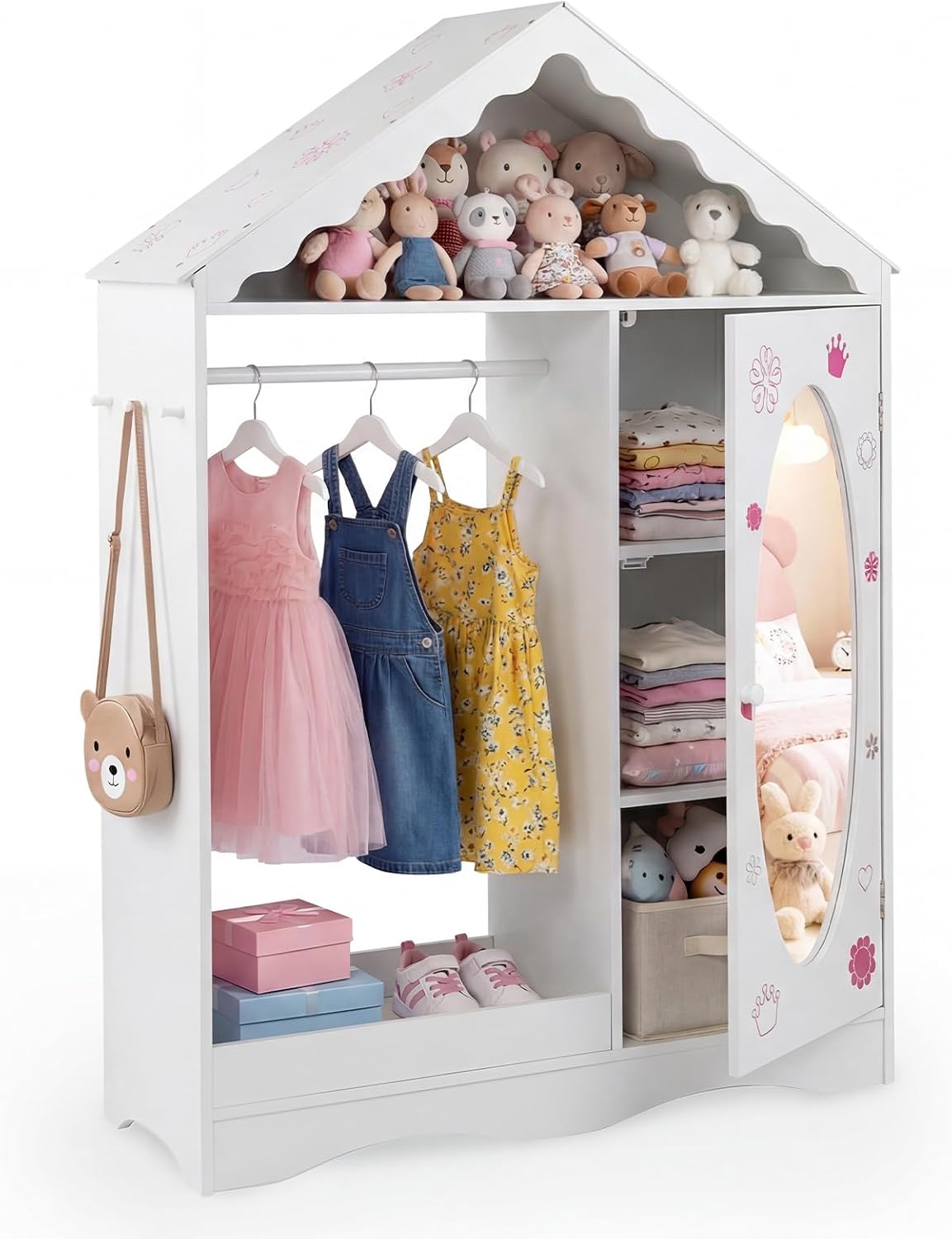 Costzon Kids Dress Up Storage with Mirror, Roofed Wardrobe Closet with Open Hanging Rack, Shelves & Hooks for Children, Kids Armoire & Costume Organizer for Bedroom (White)