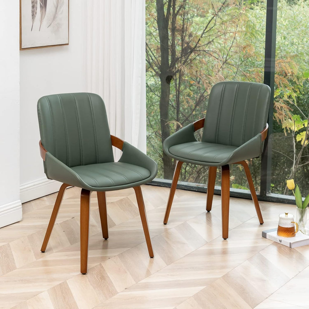 Mid Century Modern Faux Leather Upholstered Dining Room Chairs,Armless Accent Chairs with Sturdy Natural Wood Legs,Bamboo Backrest Support for Kitchen&Dining Room Chairs(1PCS,Green)