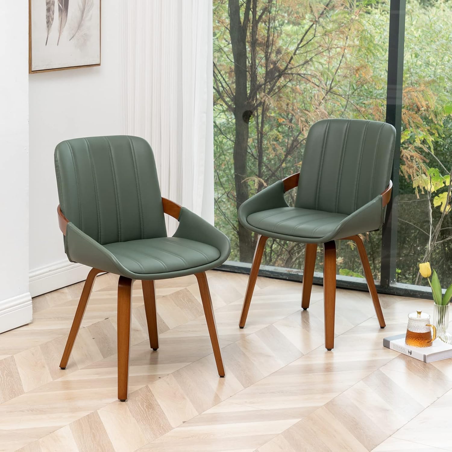 Mid Century Modern Faux Leather Upholstered Dining Room Chairs,Armless Accent Chairs with Sturdy Natural Wood Legs,Bamboo Backrest Support for Kitchen&Dining Room Chairs(1PCS,Green)