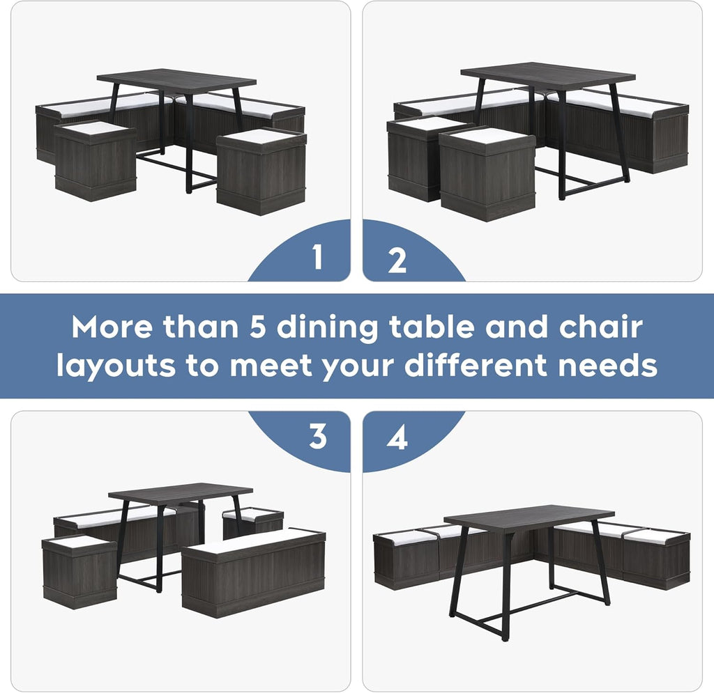 XIAO WEI Corner Dining Table Set, 6-Piece Breakfast Nook Dining Set with Storage Bench and Stools, 47" Banquette Seating for Small Space, Apartment Kitchen & Dining Room, Espresso Brown Wood