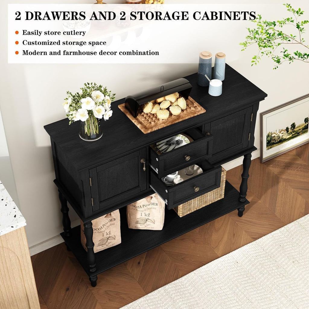 Retro Console Table with 2 Drawers and 2 Doors, 42 Inch Narrow Entryway Table with Open Storage Shelf and Roman Spindle Legs, Vintage Wood Accent Sofa Table for Living Room, Hallway
