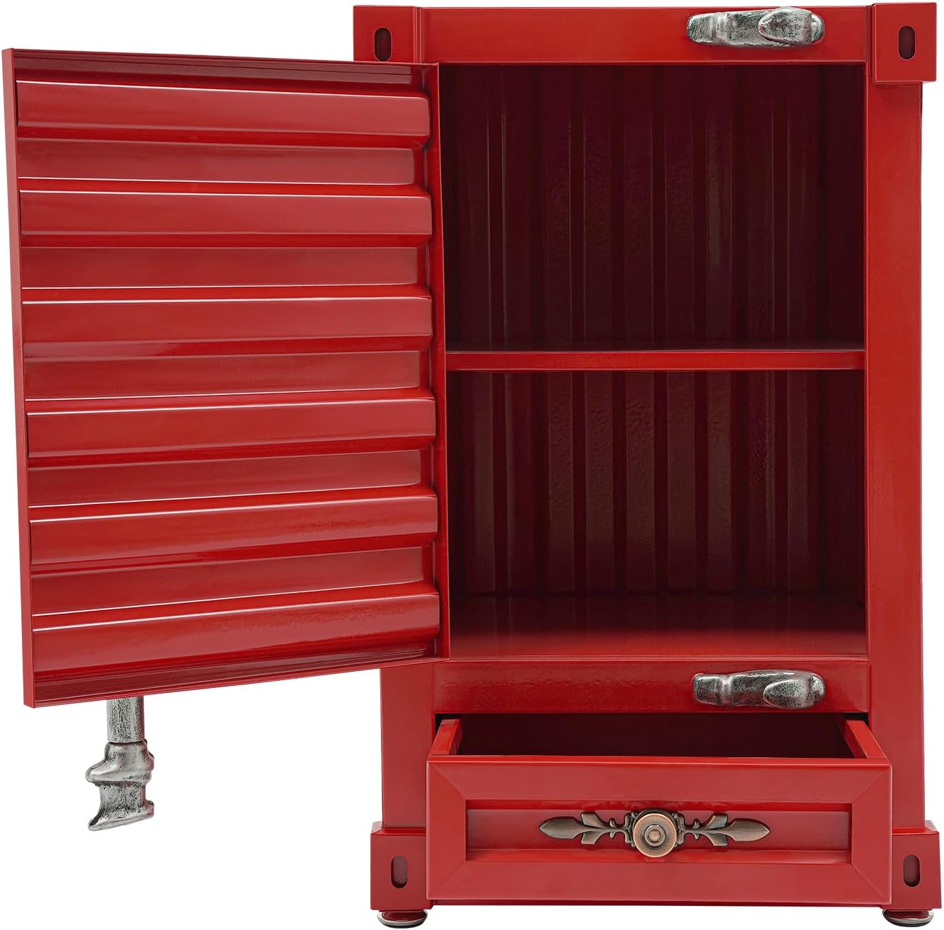 Industrial Metal Container Side Table, 3-Tier Bedside Table with Drawers, Combination Lock, Iron Shipping Container Cabinet for Bedroom, Living Room, Bar, Office (Red)