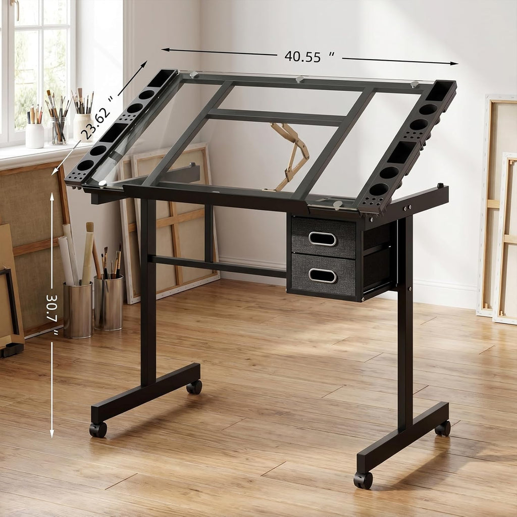 XEW Adjustable Drafting Table Desk Without Stool – Multi-Functional Art Desk for Adults, Drawing & Painting Table, Artist Desk & Drafting Table, Art Table, Tempered Glass Black C