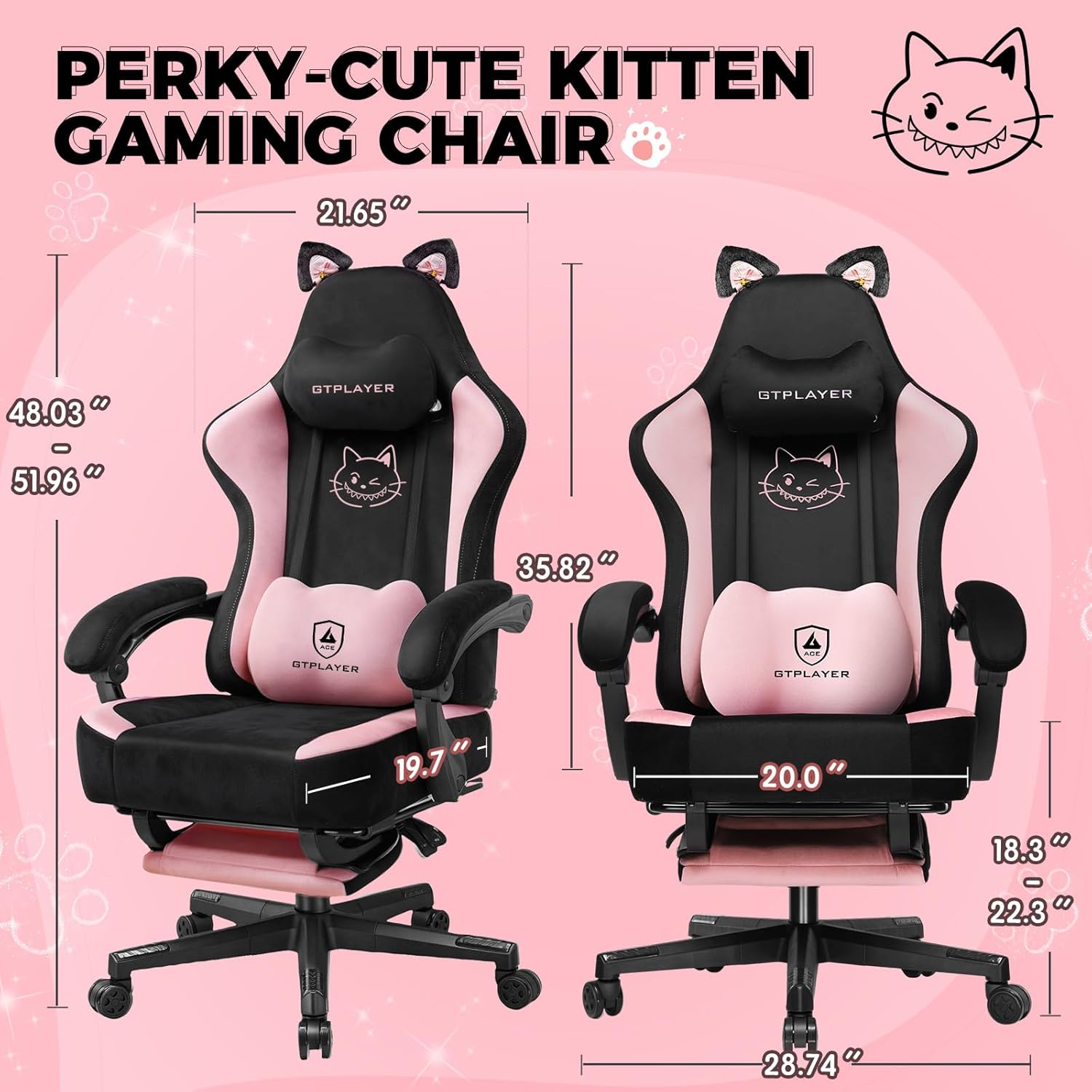 Pink Gaming Chair Cute with Cat Ears Ergonomic Computer Chair with Cat Embroidery Adjustable Memory Foam Lumbar Support and Headrest Comfortable Reclining Office Chair for Girls, Teens, Women