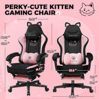 GTPOFFICE Cute Gaming Chair with Cat Ears,Ergonomic Computer Chair with Footrest Cat Paw Lumbar Support Comfortable Reclining Game Chair Desk Chair for Adult Teens, Soft Fabric, Pink Black