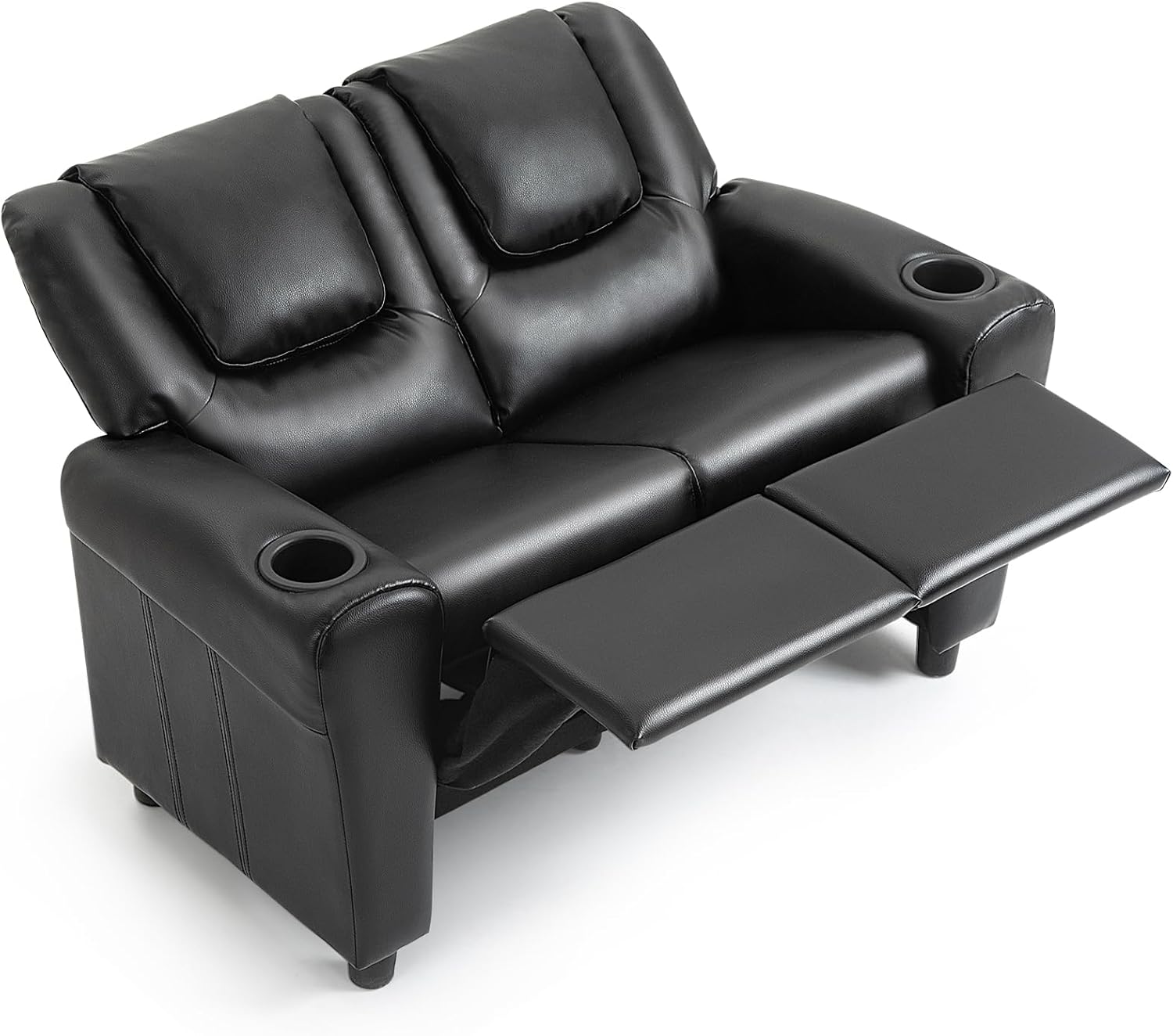 AVAWING Kids Recliner Chair, Double PU Leather Kids Loveseat w/Cup Holder, Lounge Sofa Chair w/Adjustable Footrest & Headrest for Boys Girls 3+ Age Group, Black