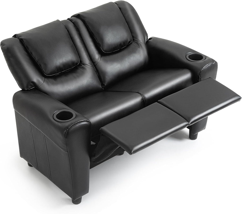 AVAWING Toddler Recliner, Double Kids Couch with Cup Holder, PU Leather Kids Sofa, Kids Loveseat w/Adjustable Footrest & Headrest for Boys and Girls 3+ Age Group, Classic Black