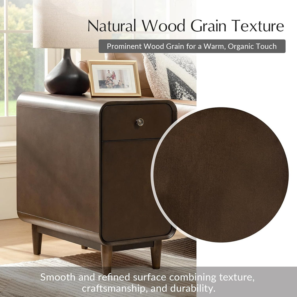 HULALA HOME Narrow End Table with Adjustable Shelf, Mid Century Modern End Table with Rear Storage, Solid Wood Legs, Walnut