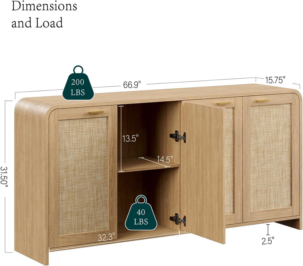 Evermagin 67" Rattan Buffet Cabinet with Storage, Boho Sideboard Cabinet with 4 Doors, Large Credenza Sideboard Buffet for Living Room, Kitchen and Hallway, Natural Oak