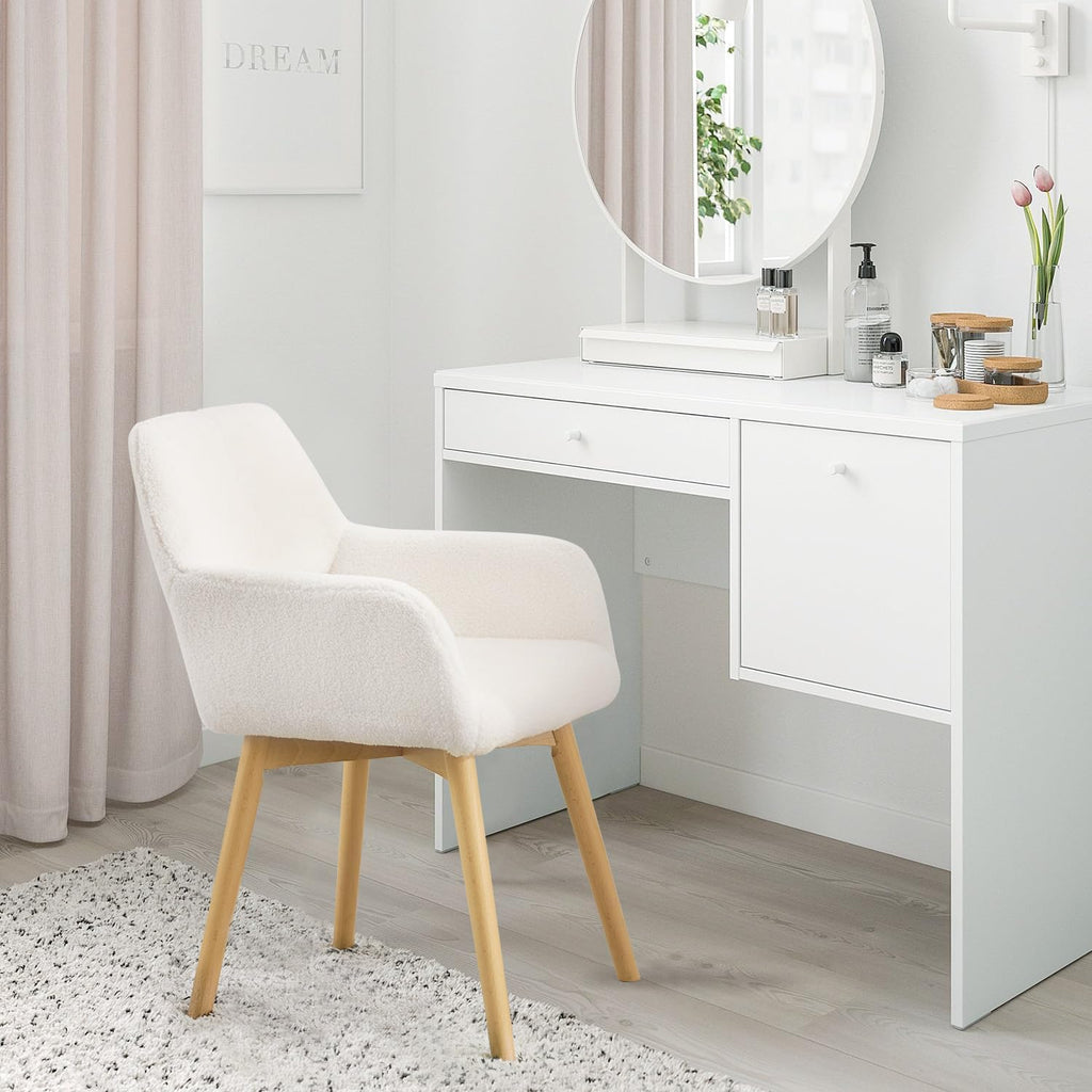 Desk Chair No Wheels Vanity Chair Makeup Chair Comfy Accent Chair for Living Dining Room Bedroom Home Office Mid Century Modern Upholstered Armchair Sofa with Wood Legs (Wool White, 1)