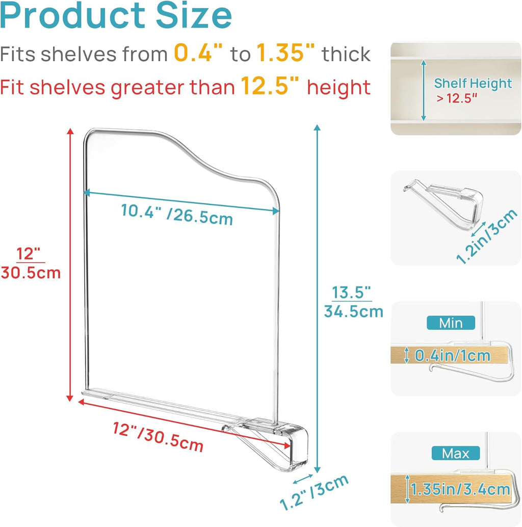 Vtopmart 12 Pack 12in Height Shelf Dividers for Closet Organization, Clear Plastic Closet Shelf Dividers of Upgrade 12in for Maximizing Vertical Space Storage, Organizing Sweater, Jeans, Shirts, Bags