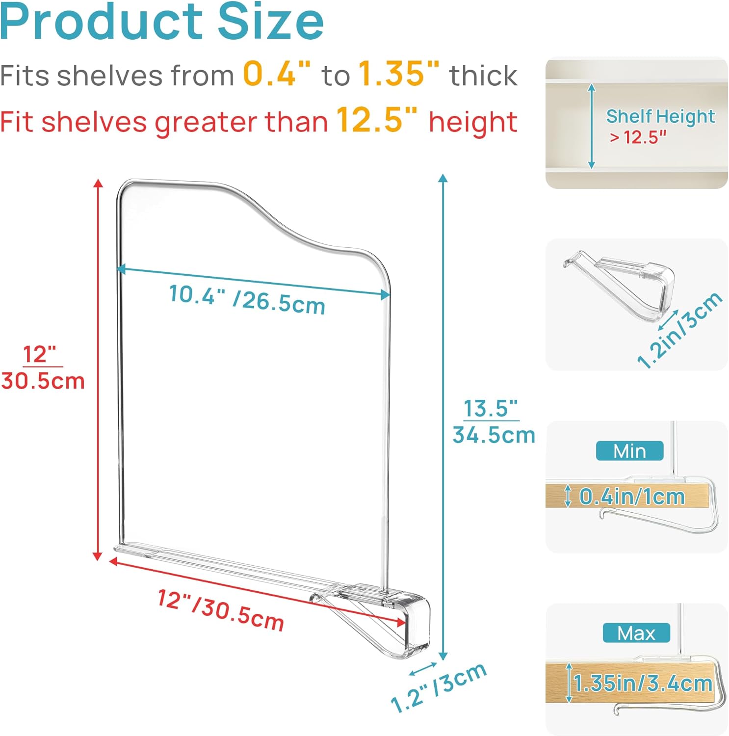 Vtopmart 12 Pack 12in Height Shelf Dividers for Closet Organization, Clear Plastic Closet Shelf Dividers of Upgrade 12in for Maximizing Vertical Space Storage, Organizing Sweater, Jeans, Shirts, Bags