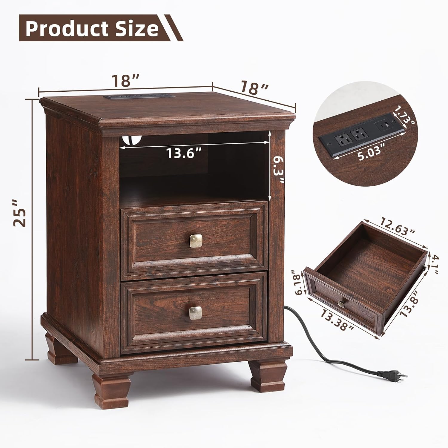 SAVOR LIFE Farmhouse Nightstand with Charging Station, Walnut | End Tables Bedroom with 2 Drawers, Traditional Night Stand with Open Shelf & Thickened Top & Square Wooden Legs