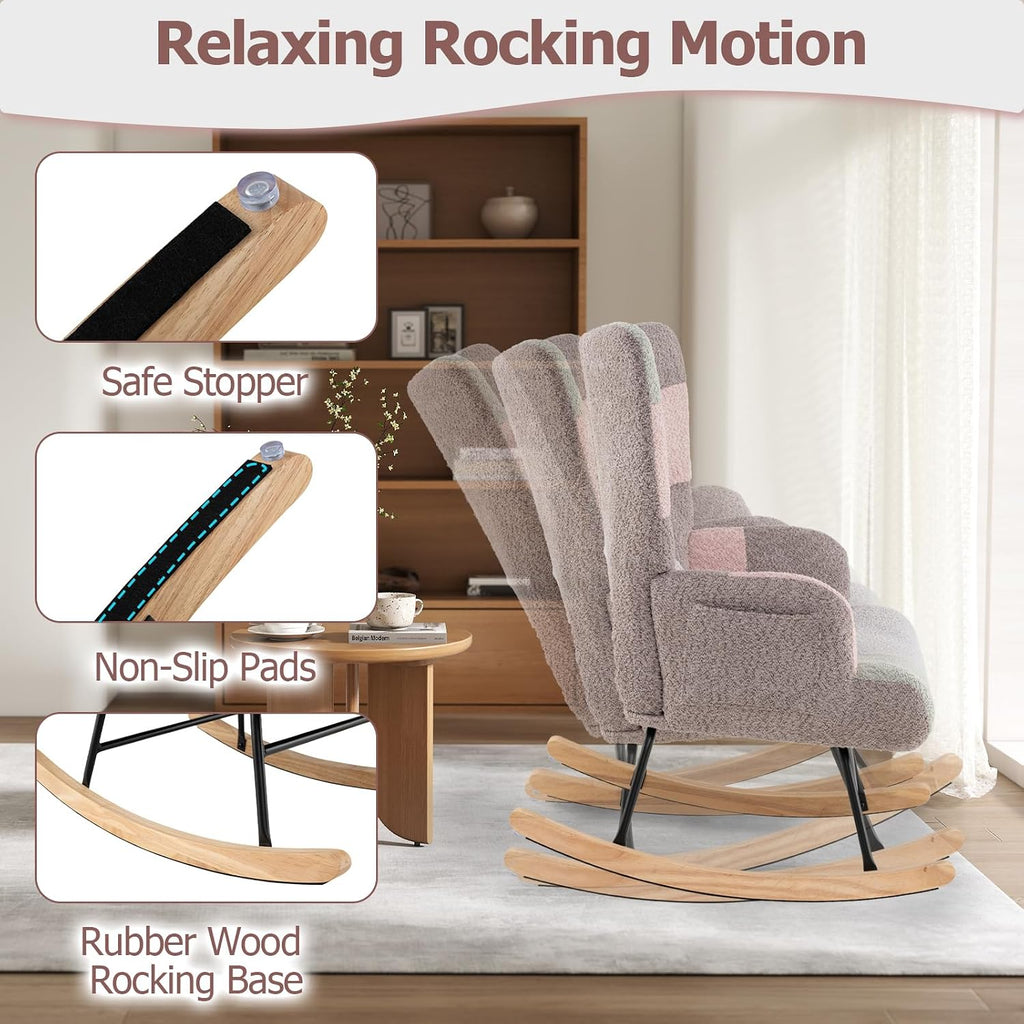 Moccha Nursery Rocking Chair, Teddy Upholstered Glider Rocker with High Backrest, Rubber Wood Legs & Side Pocket, Comfy Armchair Side Chair for Living Room Bedroom (1, Spliced Pink)