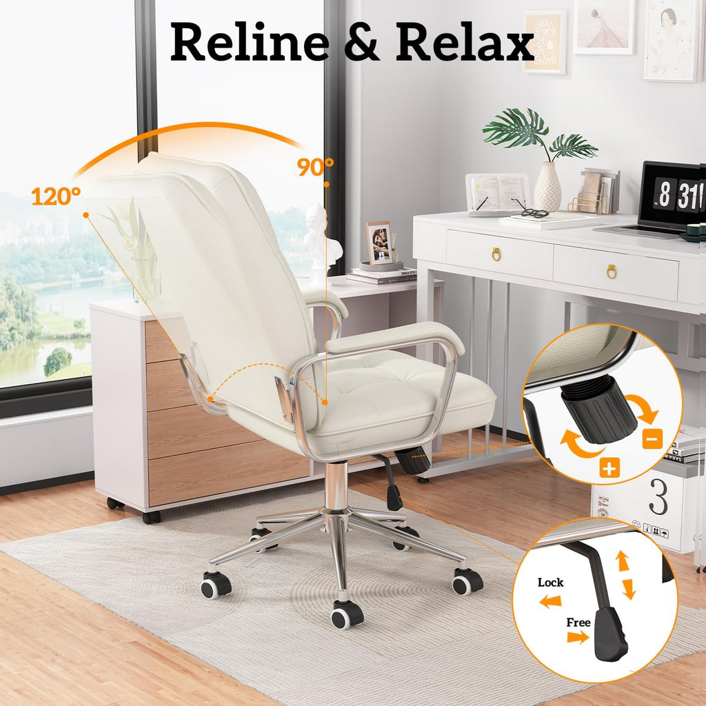 White Office Chair with Soft Leather, Swivel Executive Office Desk Chair with Wheels and Padded Arms, Adjustable Height