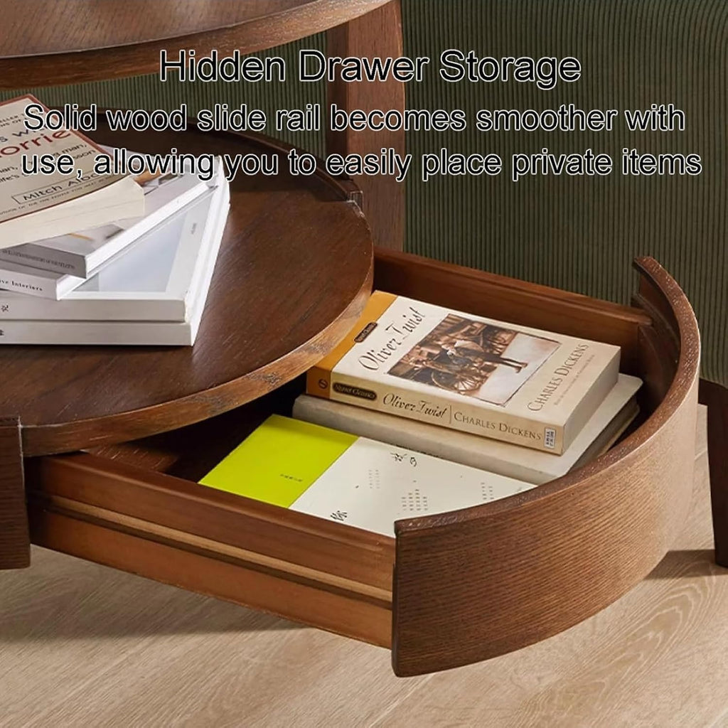 2-Tier Solid Wood End Table with Drawer,Vintage End Table with Storage,Round Side Tables,Natural Solid Wood Nightstand,Mid-Century Modern End Tables for Living Room,Bedroom,Brown,19.6in