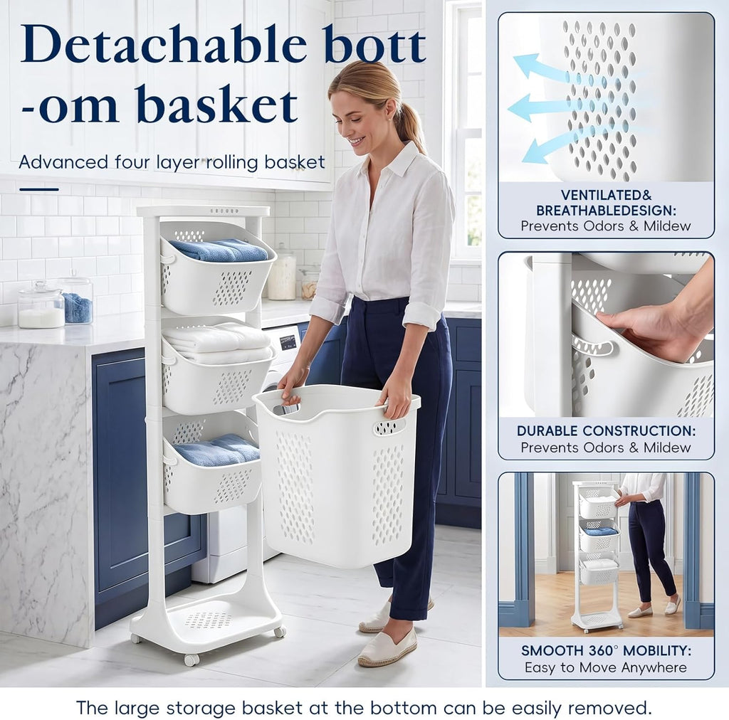 4-Tier Vertical Laundry Hamper Sorter with Wheels, Removable Vertical Rolling Laundry Basket, 4 Section Sorters Cart for Small Space, Dorm, Closet, Bathroom Grey-4Layer