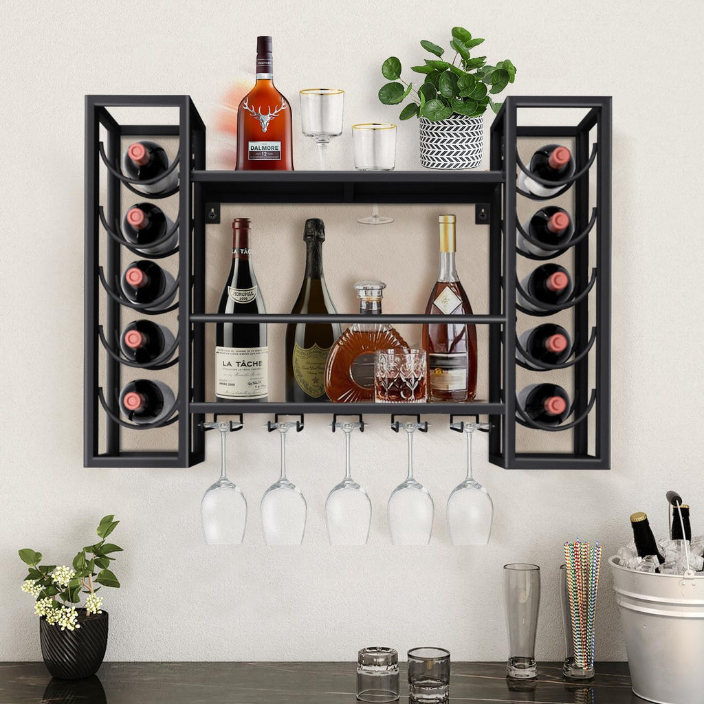Wall Mount Wine Racks with Glass Holder, Metal Bottle Holder Glass Rack Wall Mount, 2-Tiers Multipurpose Metal Shelf for Home Bar, Kitchen, Dining Room (Black)