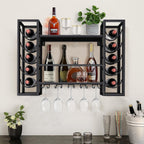 Wall Mount Wine Racks with Glass Holder, Metal Bottle Holder Glass Rack Wall Mount, 2-Tiers Multipurpose Metal Shelf for Home Bar, Kitchen, Dining Room (Black)