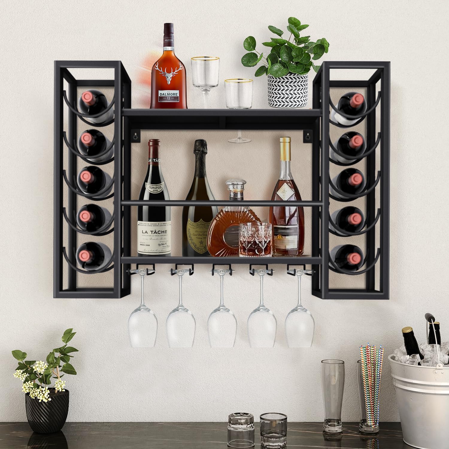 Wall Mount Wine Racks with Glass Holder, Metal Bottle Holder Glass Rack Wall Mount, 2-Tiers Multipurpose Metal Shelf for Home Bar, Kitchen, Dining Room (Black)